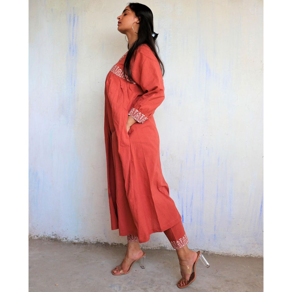 Chidiyaa Rust Printed Cotton Kurta (Set of 2)