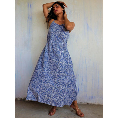 Chidiyaa Yale Blue Sleeveless Printed Cotton Dress