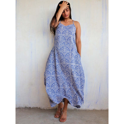 Chidiyaa Yale Blue Sleeveless Printed Cotton Dress