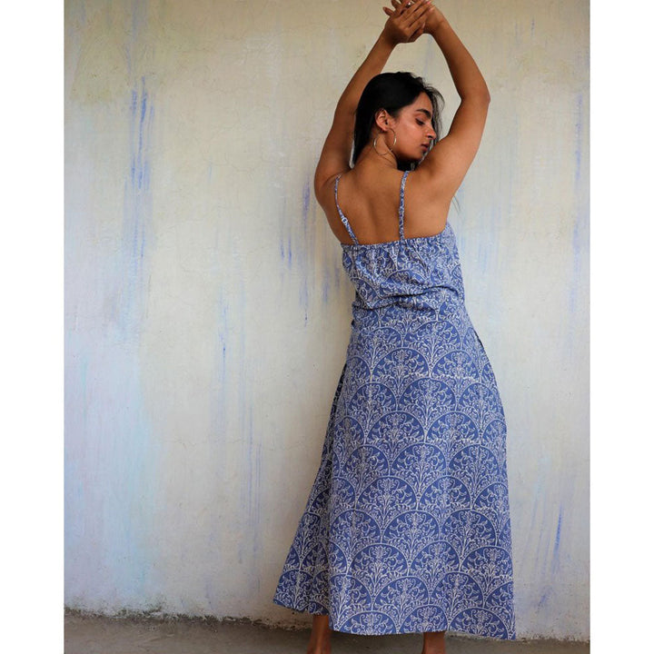 Chidiyaa Yale Blue Sleeveless Printed Cotton Dress