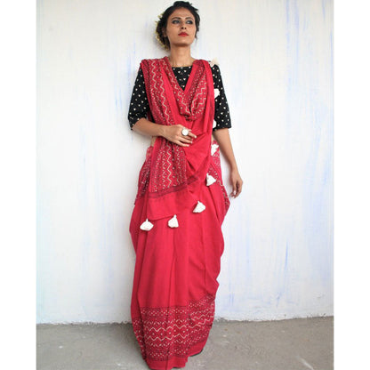 Chidiyaa Maroon Block Printed Pure Cotton Mul Saree without Blouse
