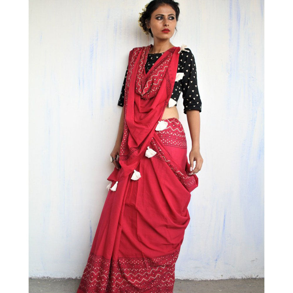 Chidiyaa Maroon Block Printed Pure Cotton Mul Saree without Blouse