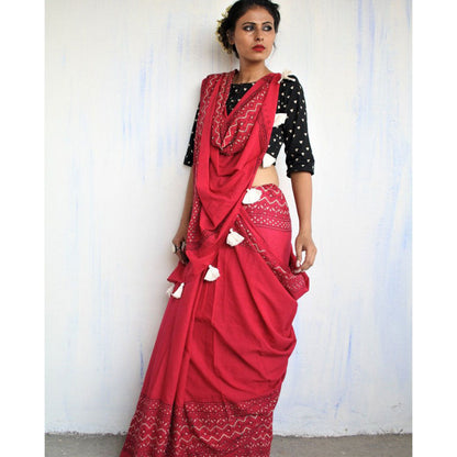 Chidiyaa Maroon Block Printed Pure Cotton Mul Saree without Blouse