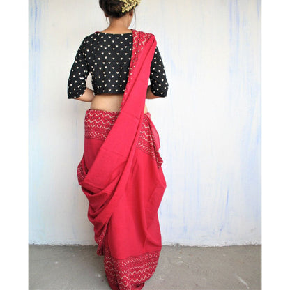 Chidiyaa Maroon Block Printed Pure Cotton Mul Saree without Blouse