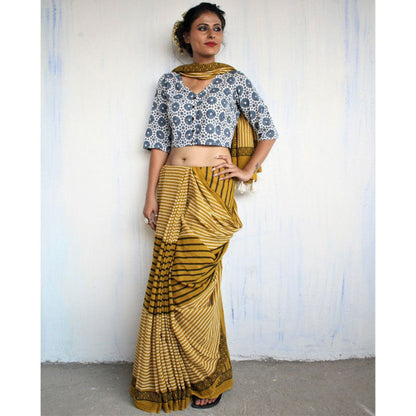 Chidiyaa Mustard Block Printed Pure Cotton Mul Saree without Blouse