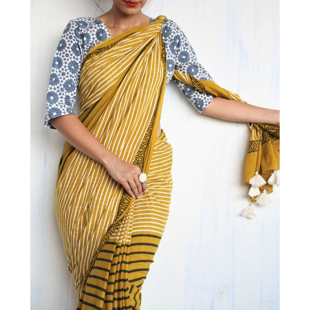 Chidiyaa Mustard Block Printed Pure Cotton Mul Saree without Blouse