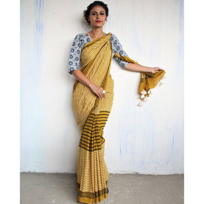 Chidiyaa Mustard Block Printed Pure Cotton Mul Saree without Blouse