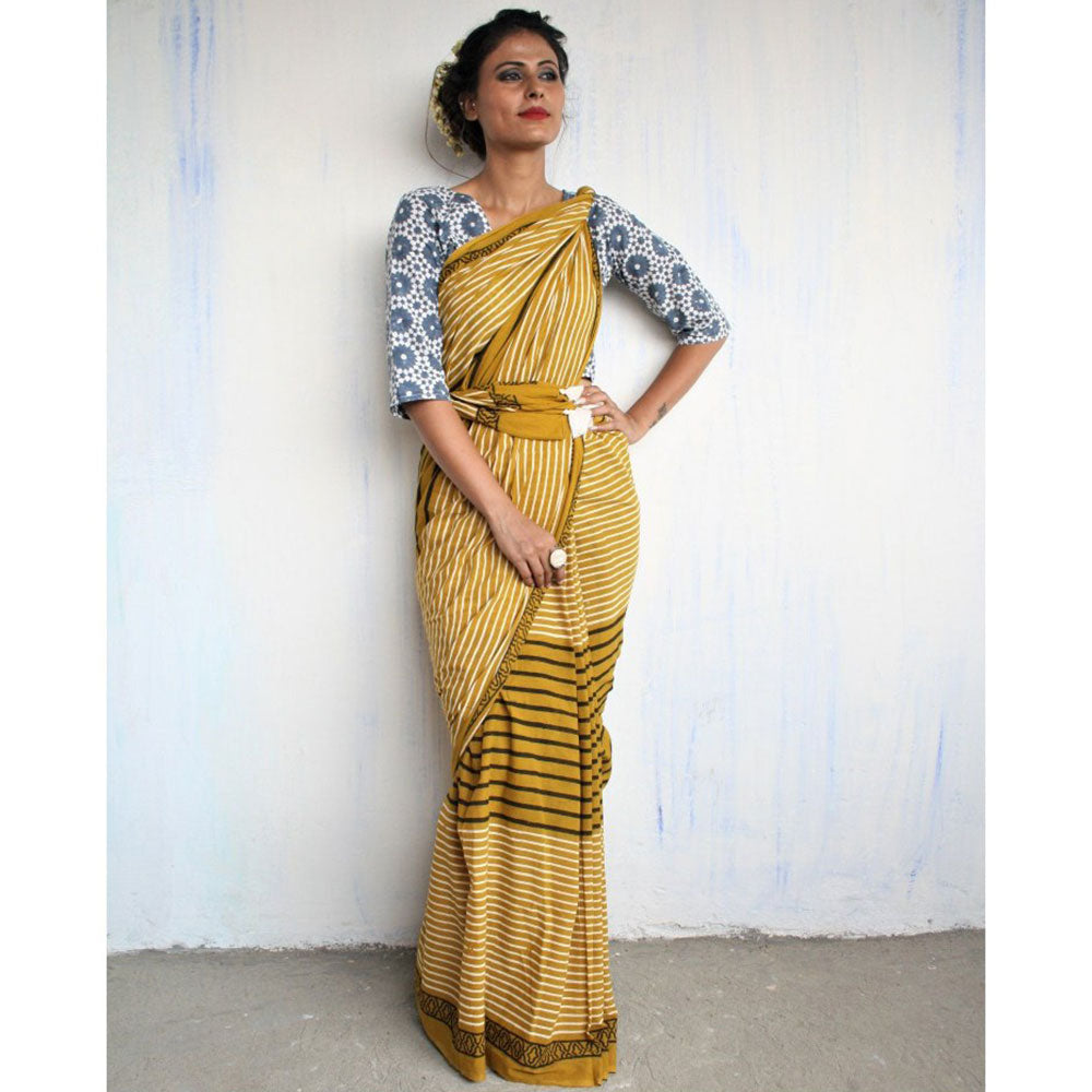 Chidiyaa Mustard Block Printed Pure Cotton Mul Saree without Blouse