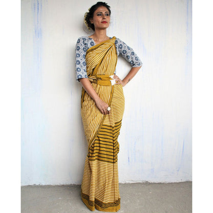 Chidiyaa Mustard Block Printed Pure Cotton Mul Saree without Blouse