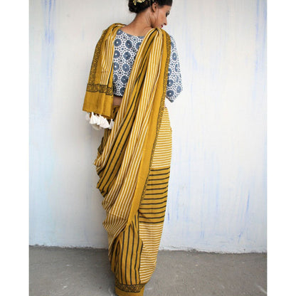 Chidiyaa Mustard Block Printed Pure Cotton Mul Saree without Blouse