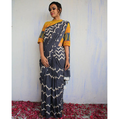 Chidiyaa Midnight Grey Waves Block Printed Pure Cotton Mul Saree without Blouse