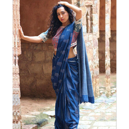 Chidiyaa Royal Blue Block Printed Pure Cotton Mul Saree without Blouse