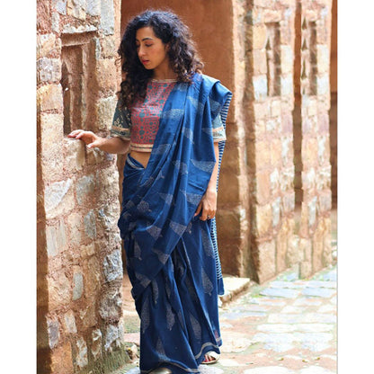Chidiyaa Royal Blue Block Printed Pure Cotton Mul Saree without Blouse