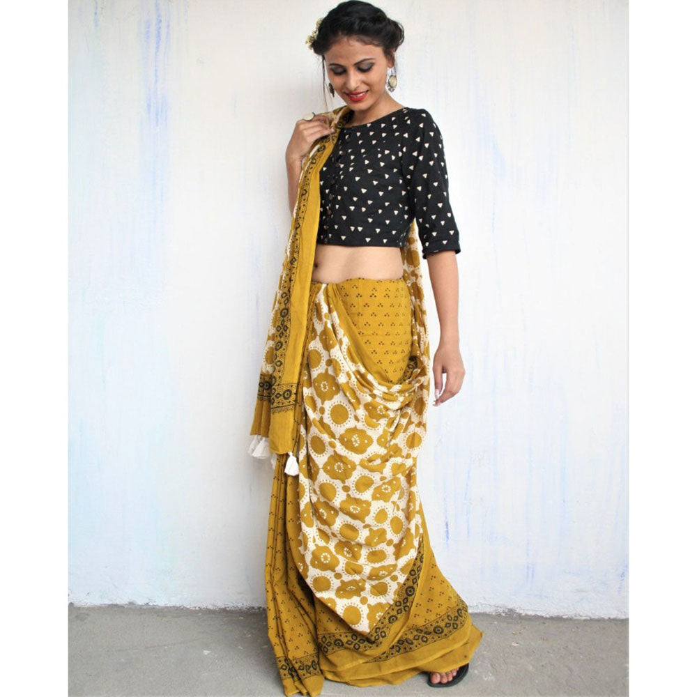 Chidiyaa Mustard Block Printed Pure Cotton Mul Saree without Blouse
