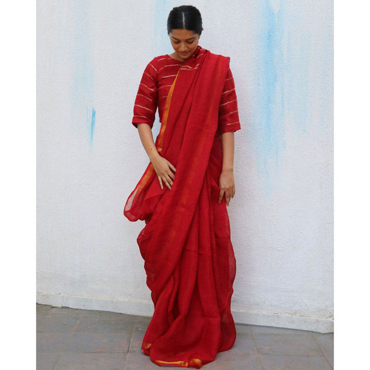 Chidiyaa Red Handwoven Linen Saree Everyday Beautiful with Unstitched Blouse