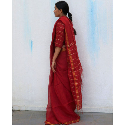 Chidiyaa Red Handwoven Linen Saree Everyday Beautiful with Unstitched Blouse