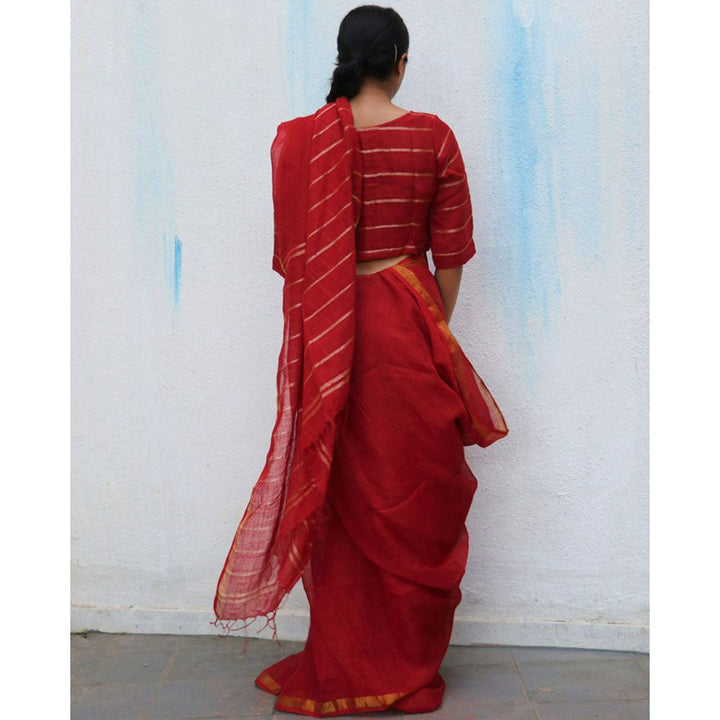 Chidiyaa Red Handwoven Linen Saree Everyday Beautiful with Unstitched Blouse