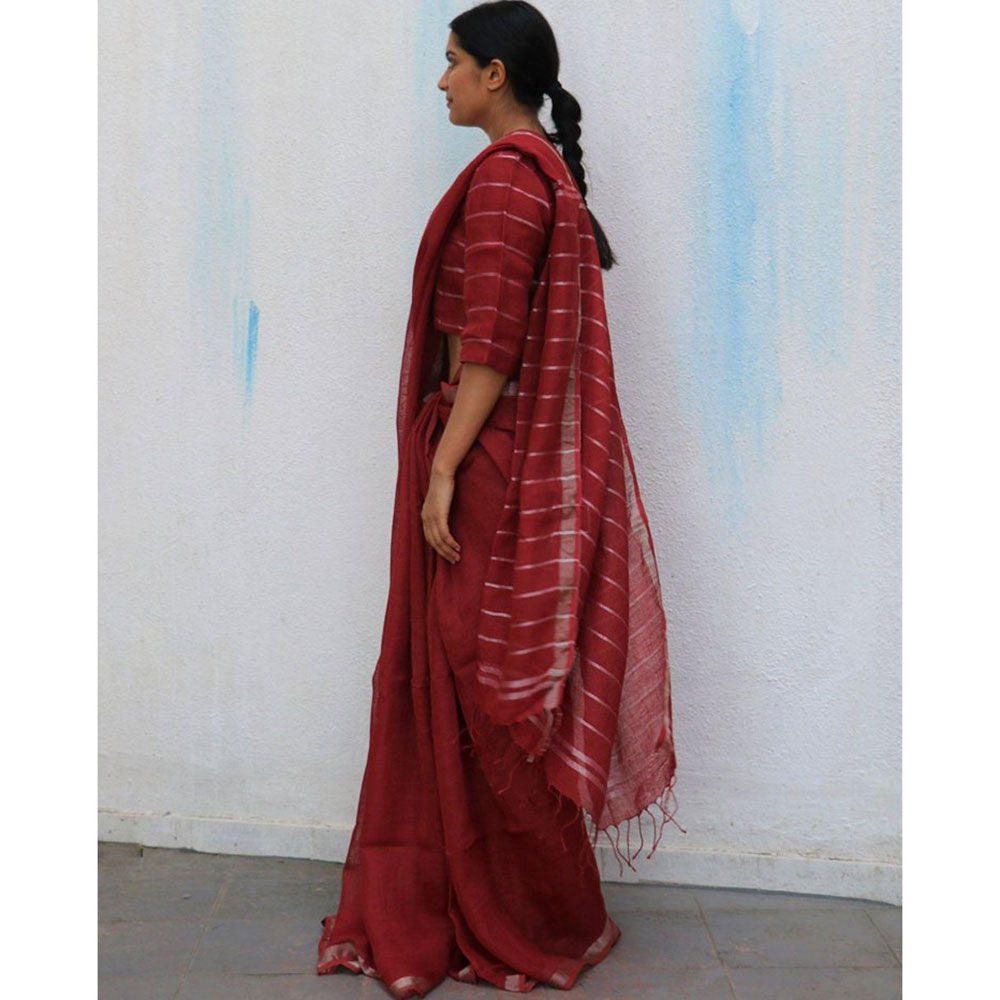 Chidiyaa Maroon Handwoven Linen Saree Everyday Beautiful with Unstitched Blouse