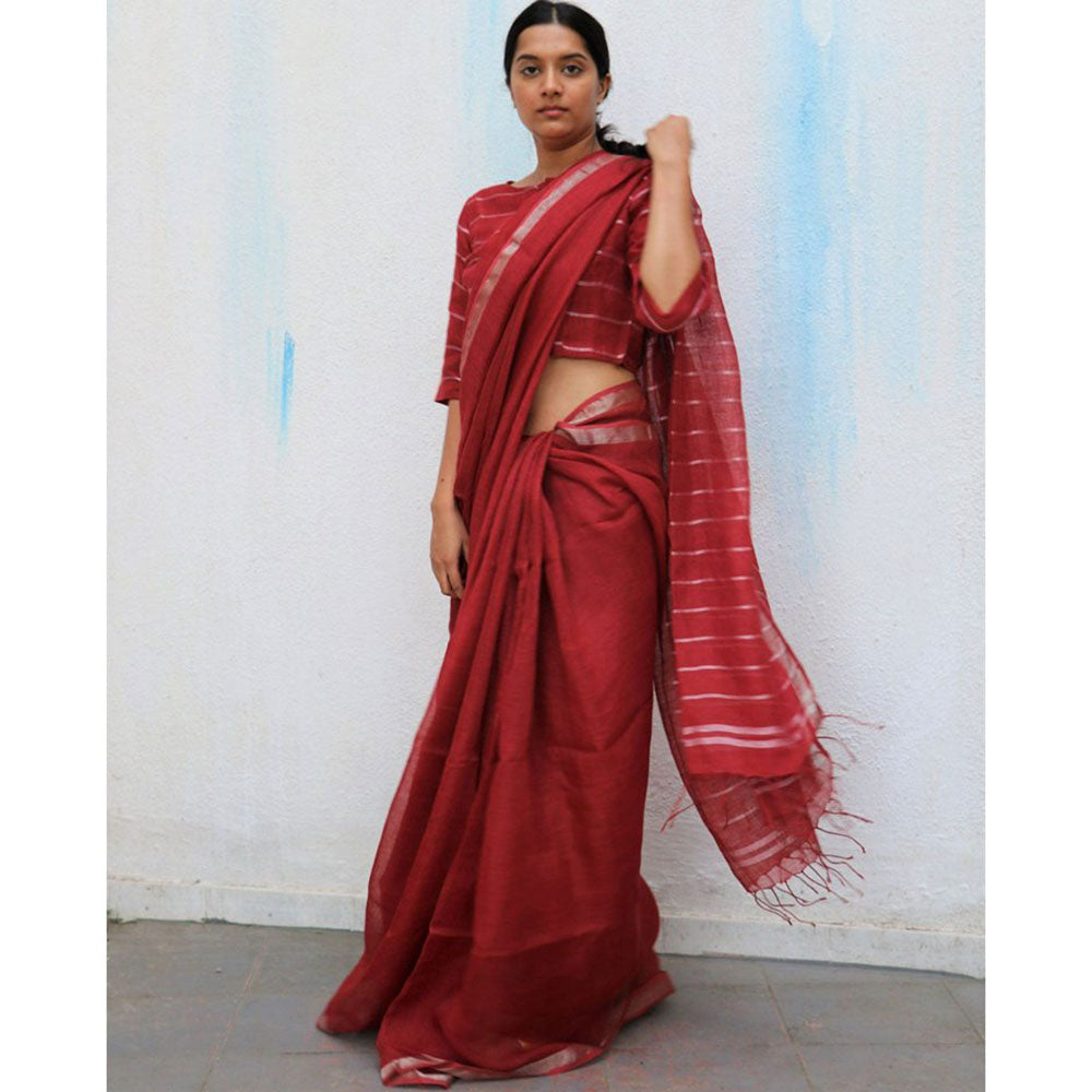 Chidiyaa Maroon Handwoven Linen Saree Everyday Beautiful with Unstitched Blouse