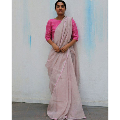 Chidiyaa Powder Pink Handwoven Linen Zari Saree Everyday Beautiful with Unstitched Blouse