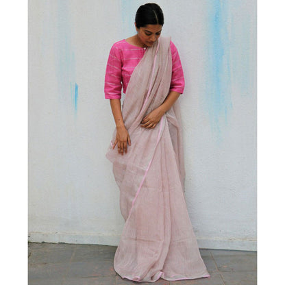 Chidiyaa Powder Pink Handwoven Linen Zari Saree Everyday Beautiful with Unstitched Blouse