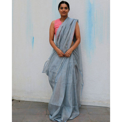Chidiyaa Ice Blue Handwoven Linen Zari Saree Everyday Beautiful with Unstitched Blouse