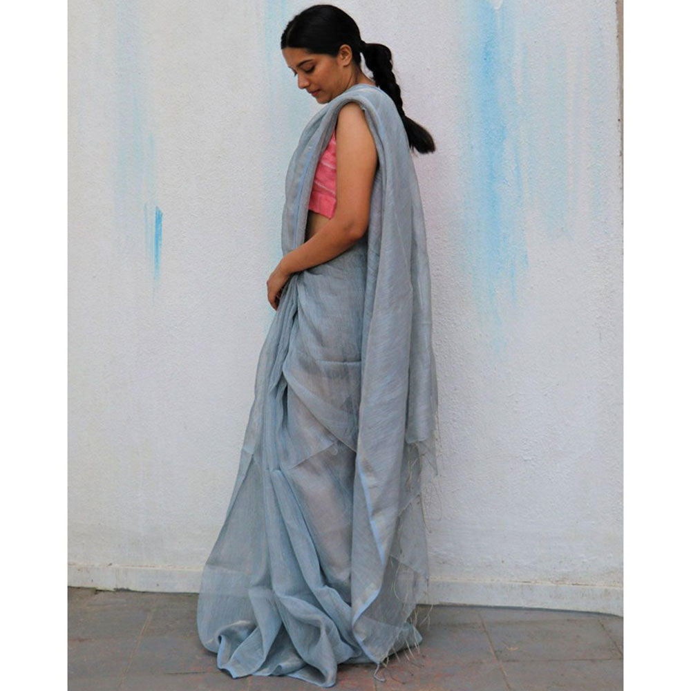 Chidiyaa Ice Blue Handwoven Linen Zari Saree Everyday Beautiful with Unstitched Blouse