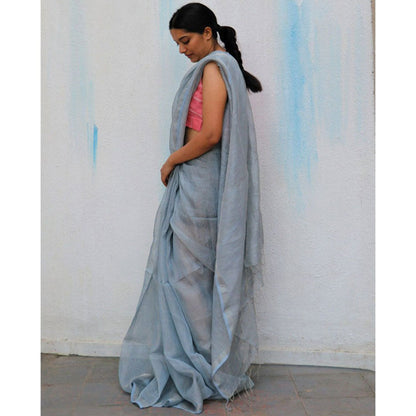 Chidiyaa Ice Blue Handwoven Linen Zari Saree Everyday Beautiful with Unstitched Blouse