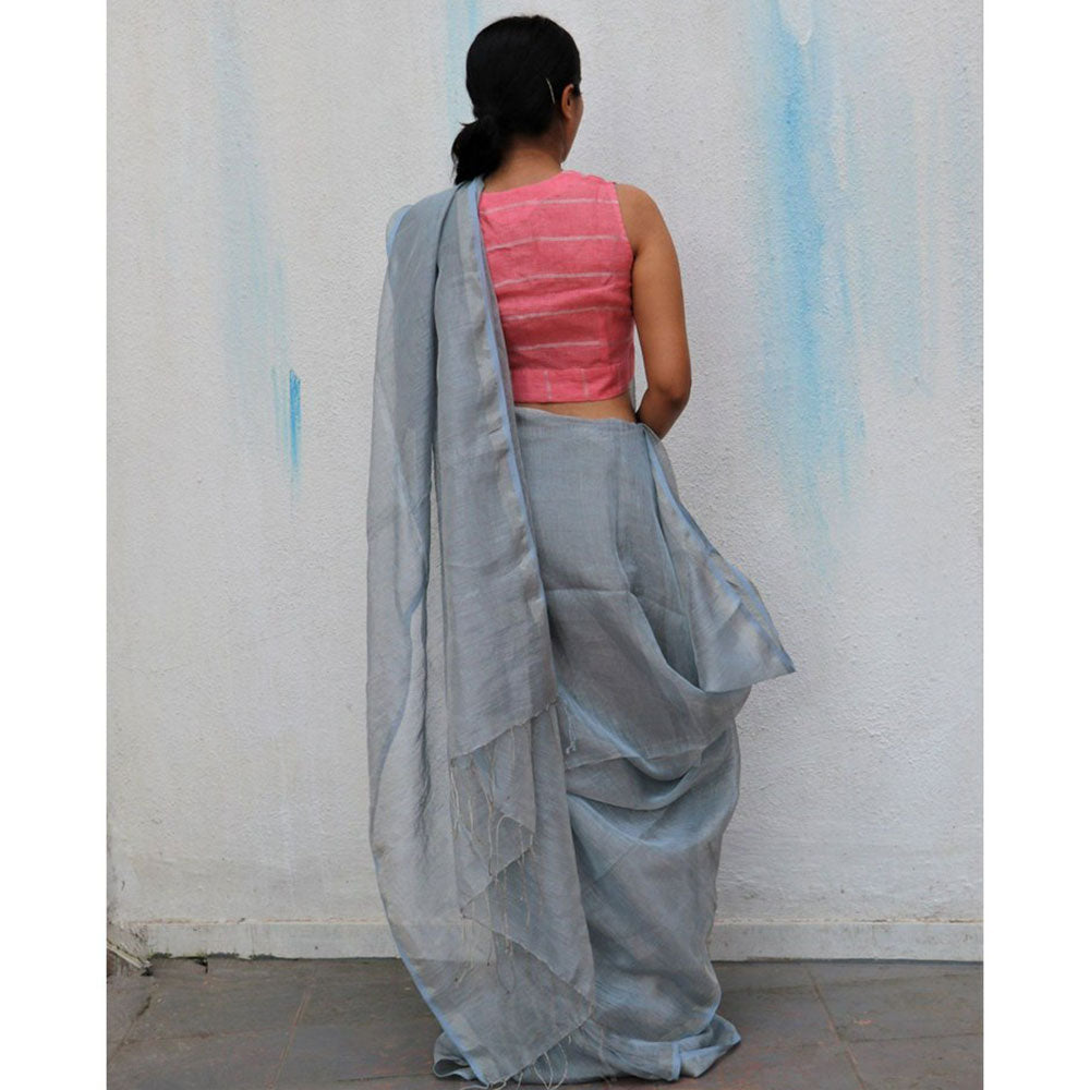Chidiyaa Ice Blue Handwoven Linen Zari Saree Everyday Beautiful with Unstitched Blouse