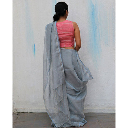 Chidiyaa Ice Blue Handwoven Linen Zari Saree Everyday Beautiful with Unstitched Blouse