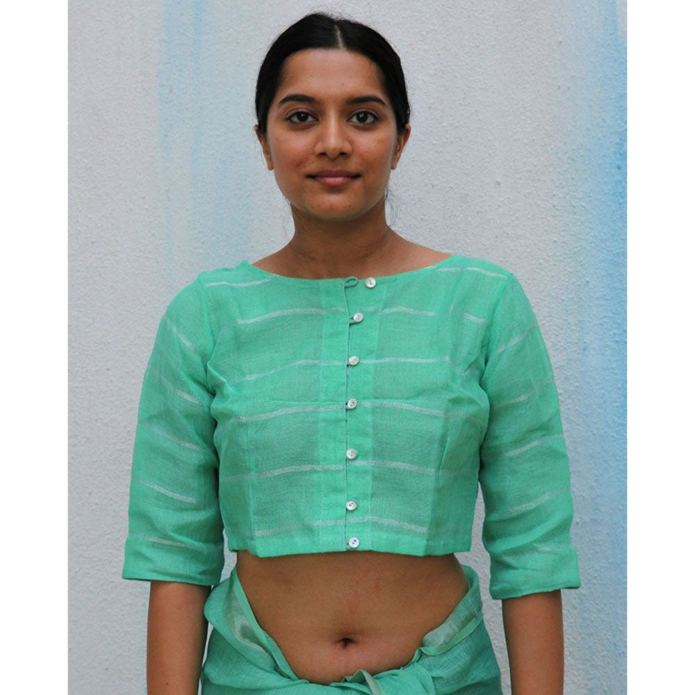 Chidiyaa Pista Green Handwoven Linen Zari Stitched Blouse Everyday Beautiful 1