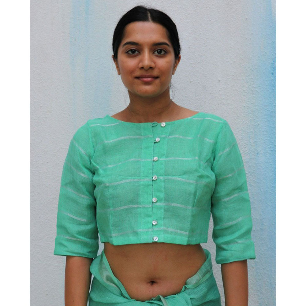 Chidiyaa Pista Green Handwoven Linen Zari Stitched Blouse Everyday Beautiful 1