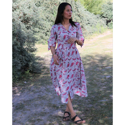 Chidiyaa Snow White Blossom Block Printed Cotton Dress Zanskar