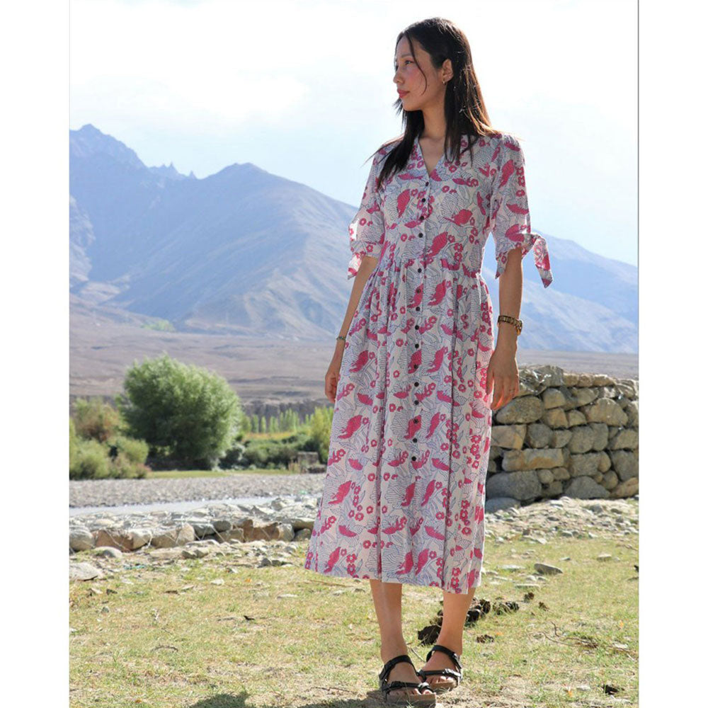 Chidiyaa Snow White Blossom Block Printed Cotton Dress Zanskar