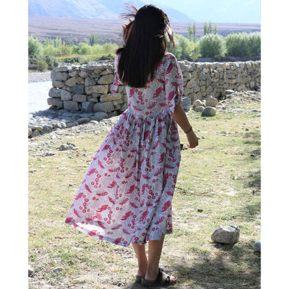 Chidiyaa Snow White Blossom Block Printed Cotton Dress Zanskar