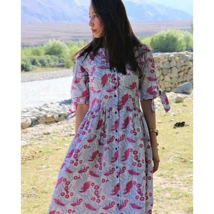 Chidiyaa Snow White Blossom Block Printed Cotton Dress Zanskar