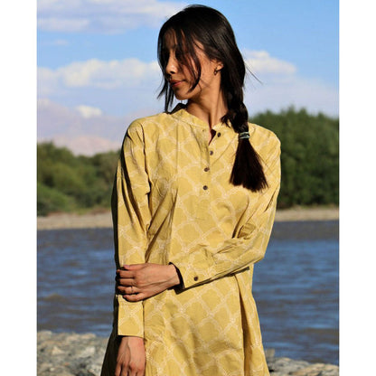Chidiyaa Gerbera Mustard Block Printed Cotton Kurta Zanskar (Set of 2)