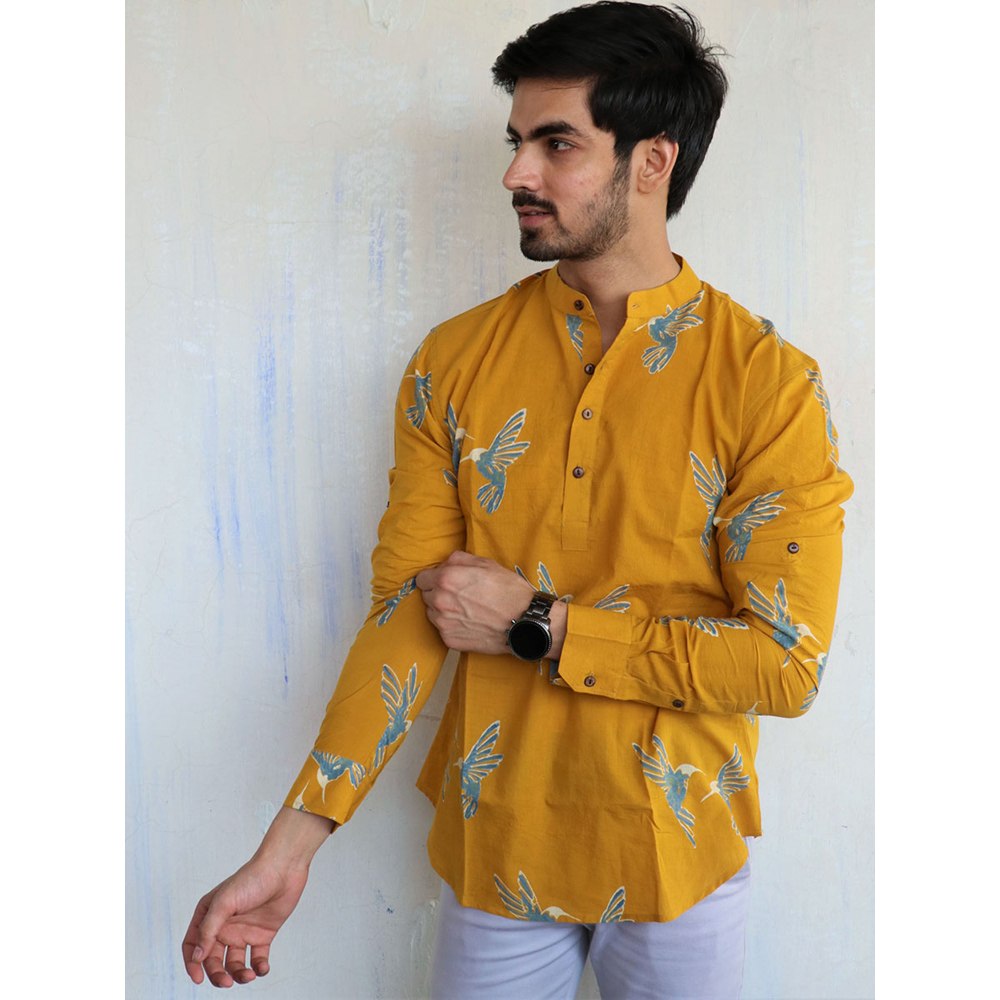 Chidiyaa Mustard Fly on Block Printed Mens Shirt