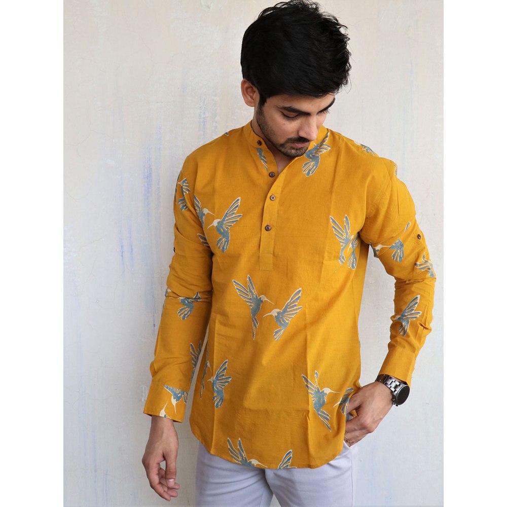 Chidiyaa Mustard Fly on Block Printed Mens Shirt