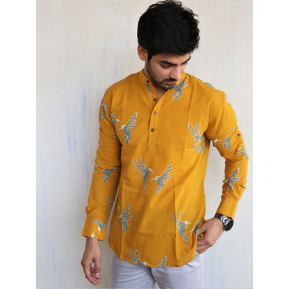 Chidiyaa Mustard Fly on Block Printed Mens Shirt
