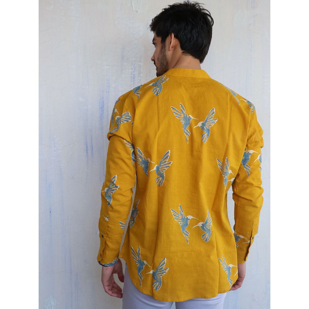 Chidiyaa Mustard Fly on Block Printed Mens Shirt