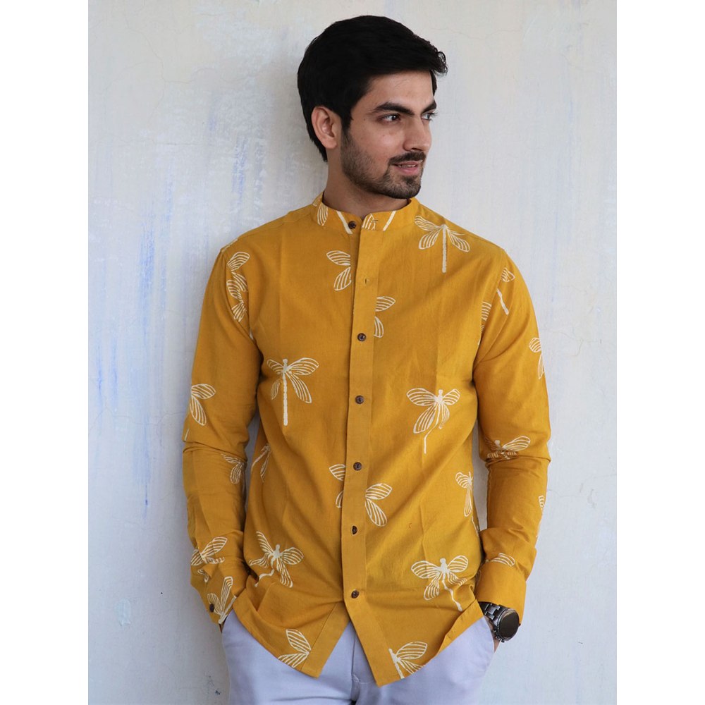 Chidiyaa Mustard Dragonfly Block Printed Mens Shirt