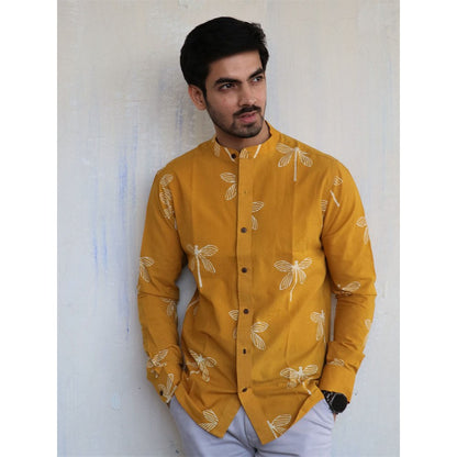 Chidiyaa Mustard Dragonfly Block Printed Mens Shirt