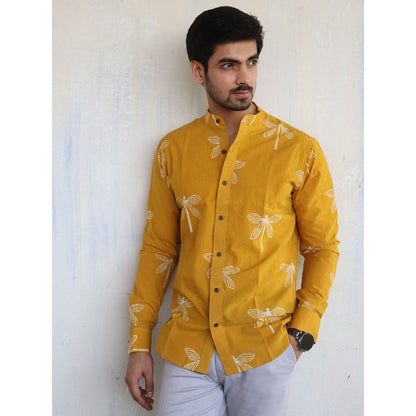 Chidiyaa Mustard Dragonfly Block Printed Mens Shirt