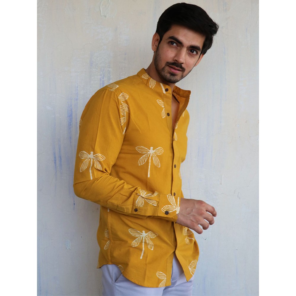 Chidiyaa Mustard Dragonfly Block Printed Mens Shirt