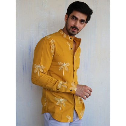 Chidiyaa Mustard Dragonfly Block Printed Mens Shirt