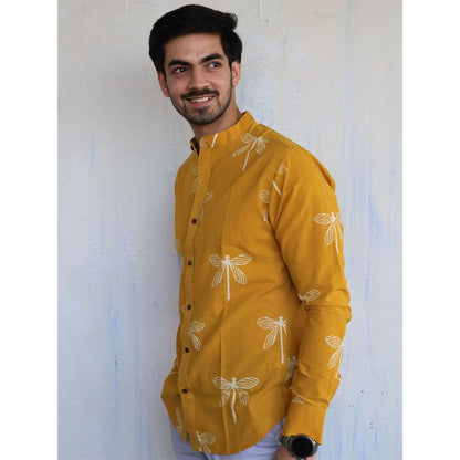 Chidiyaa Mustard Dragonfly Block Printed Mens Shirt