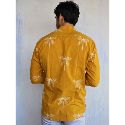 Chidiyaa Mustard Dragonfly Block Printed Mens Shirt