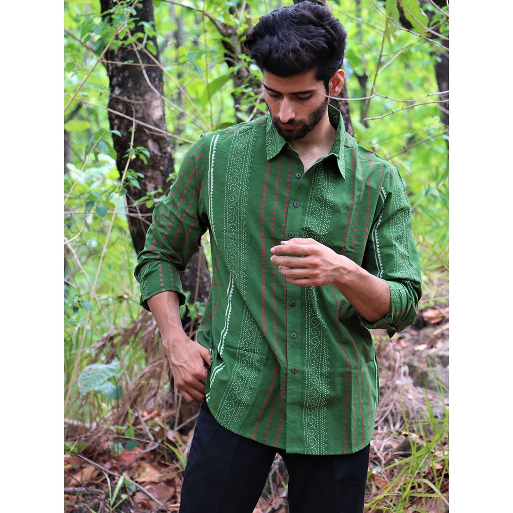 Chidiyaa Olive Green Block Printed Cotton Shirt