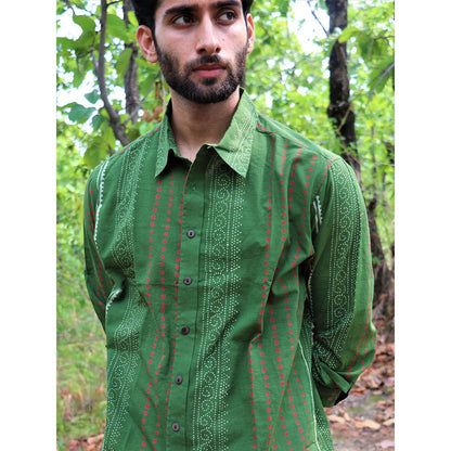 Chidiyaa Olive Green Block Printed Cotton Shirt